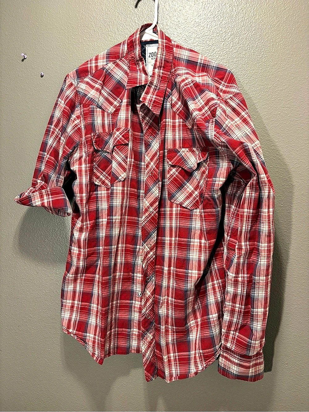 Zoo York Mens Large Red Plaid Silver Snap Western Shirt Back Embroidery Cotton L